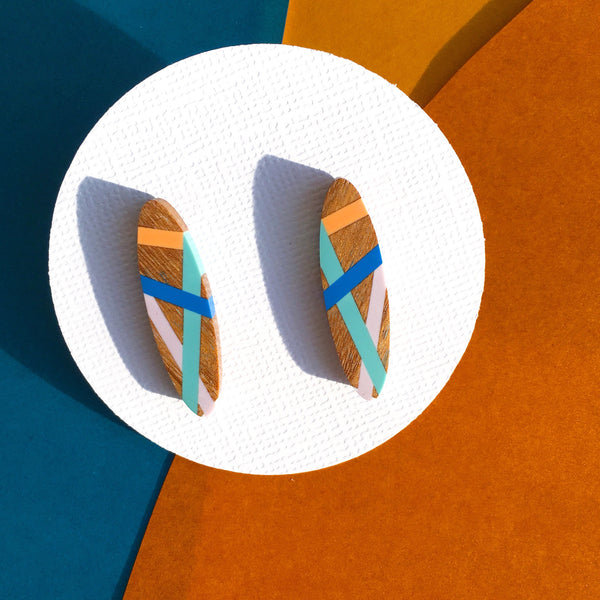 Elongated Oval Peach Teal Cobalt and Lilac Wood and Resin Earrings Handmade