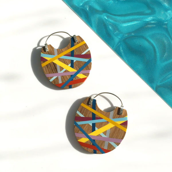 Big Earrings In Light Wood with Resin Inlay Handmade by Laura Jaklitsch Jewelry
