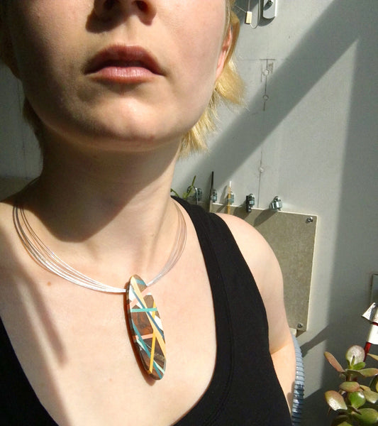 Laura Jaklitsch Jewelry Wood x Polyurethane Multi Strand Sterling Silver Neck wire Convertible Brooch Handmade One of a Kind Statement Piece Pendant Sustainable Jewelry