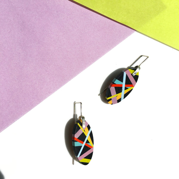 Asymmetrical Neon Black Wood Earrings