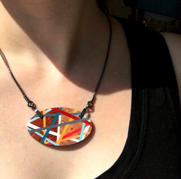 Wearing Wood Jewelry Oval Necklace with Polyurethane Inlay and Oxidized Sterling Silver Chain, Laura Jaklitsch Jewelry Hardware Necklace