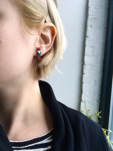 Navy and Coral Wood Stud Earrings