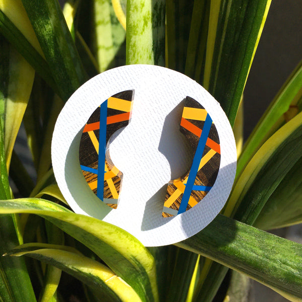 Blue Orange Crescent Wood Earrings