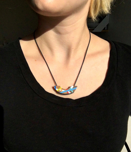 Blue Lime Crescent Wood Necklace