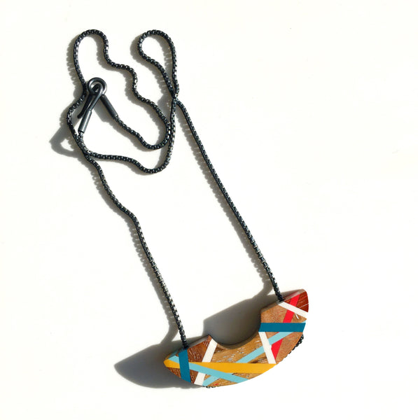 Blue Red and Yellow Crescent Wood Necklace