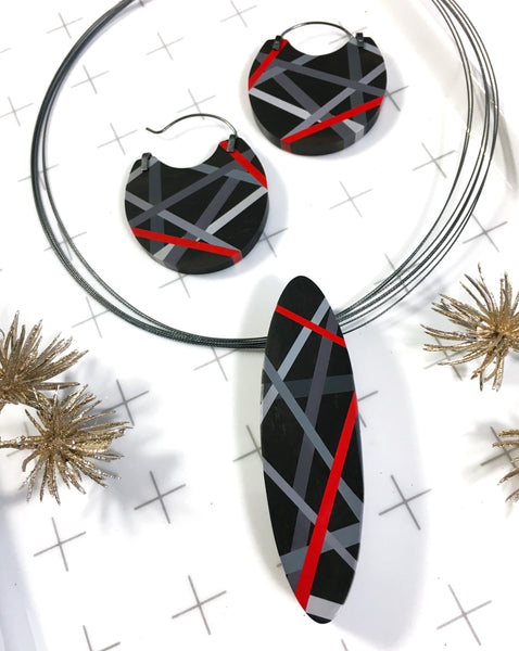 Black and Red Ebony Wood Statement Necklace and Brooch