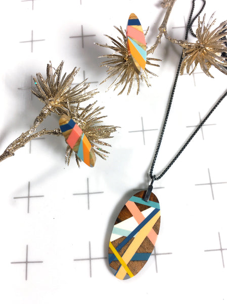 Teal Pink and Blue Wood Necklace
