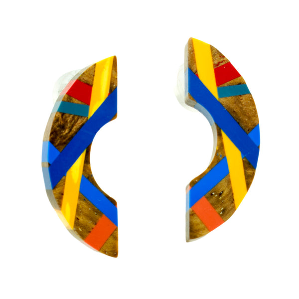 Blue and Orange Mini Crescent Wood Stud Earrings