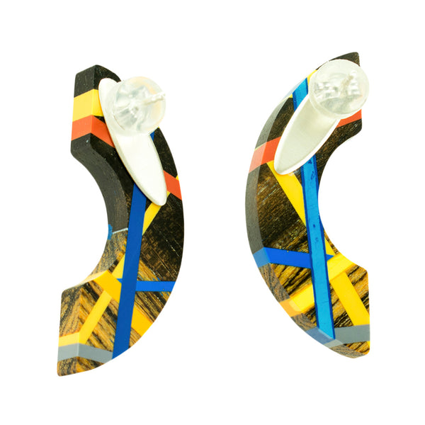 Blue Orange Crescent Wood Earrings
