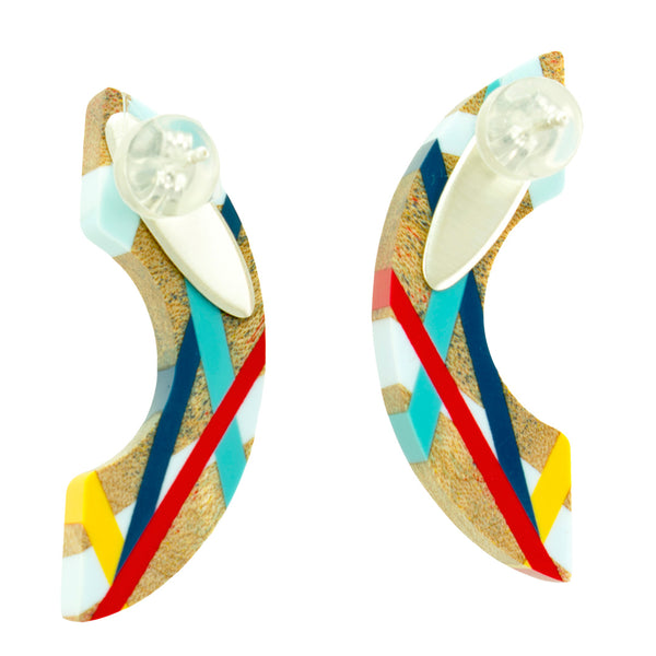 Red and Blue Maple Wood Crescent Earrings