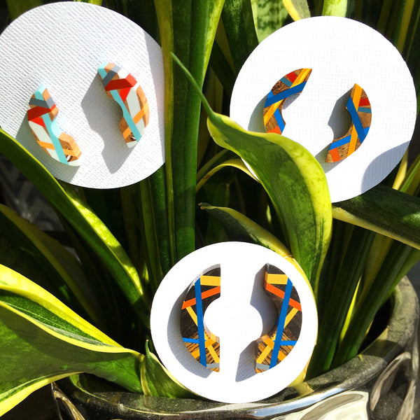 Blue Orange Crescent Wood Earrings