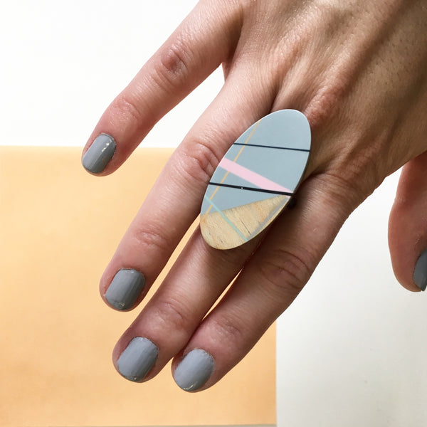 Laura Jaklitsch Jewelry Wood x Polyurethane Pink Grey Cocktail Ring