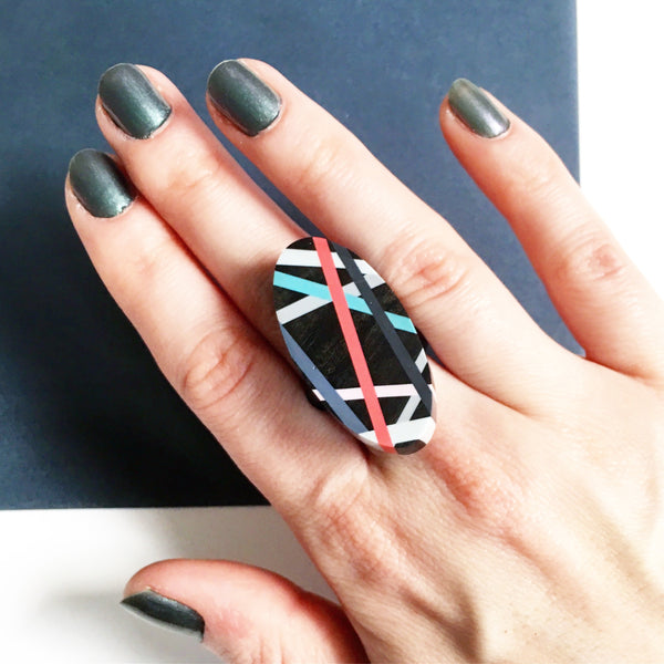 Coral Pop Ebony Cocktail Ring Wood Jewelry