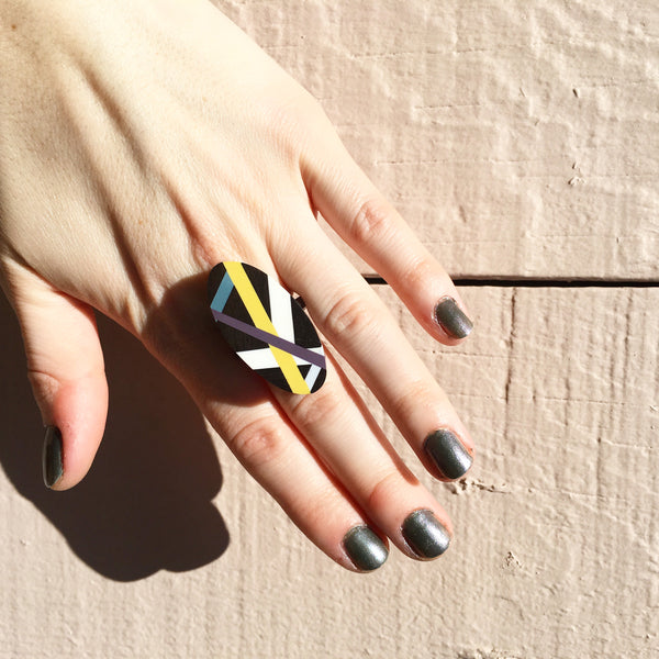 Graphic Lines Wood Ring with Resin Inlay