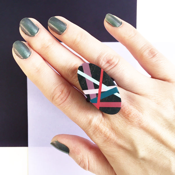 Wood Jewelry Statement Ring with Polyurethane Inlay