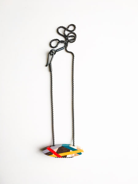 Laura Jaklitsch Jewelry Wood x Polyurethane Red Gold Teal Bar Necklace