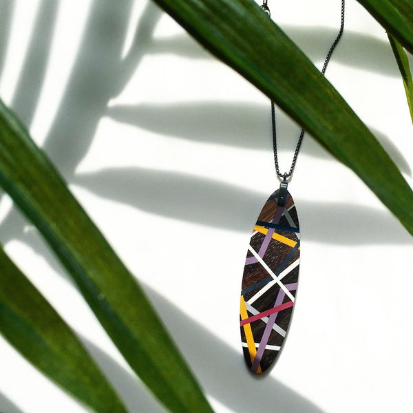 Wood and Polyurethane Long Tab Gradient Pendant Necklace