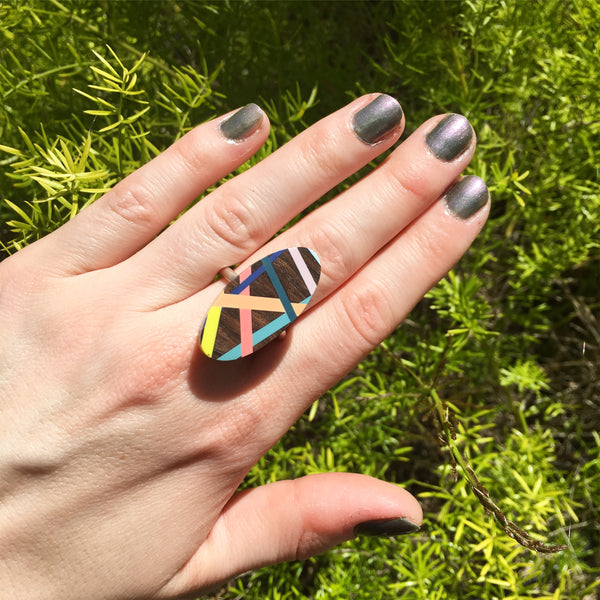 Coral and Teal Wood Ring