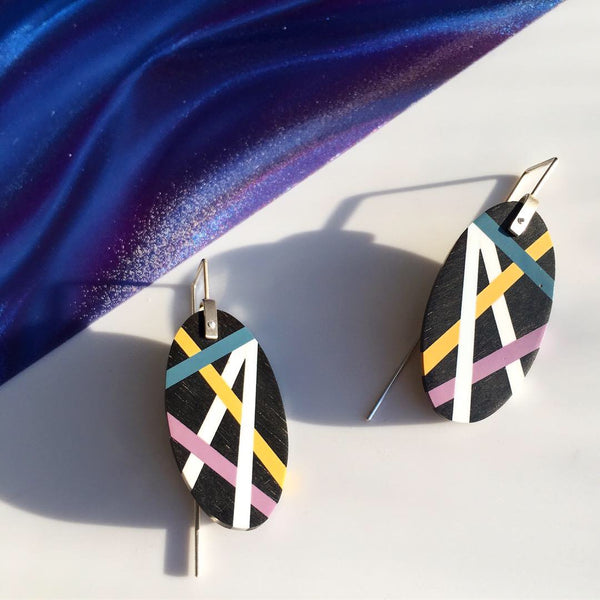 Laura Jaklitsch Jewelry Wood x Polyurethane Purple Teal Gold Ebony Earrings statement earrings