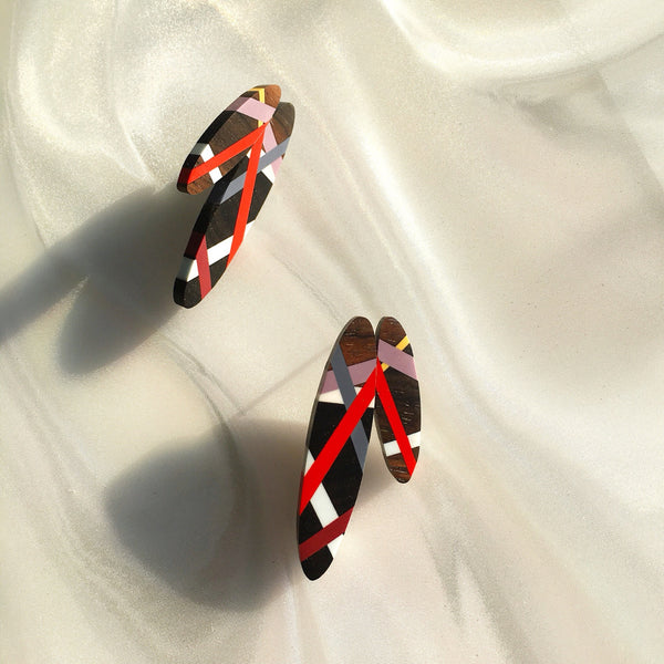 Laura Jaklitsch Jewelry Wood x Polyurethane Red Purple Cactus Flower Earrings Summer Beachy Geometric Style