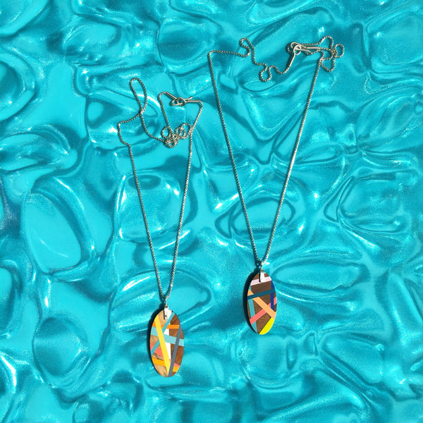 Wood and Resin Inlay Oval Necklaces with Sterling Silver Chain Made in the USA