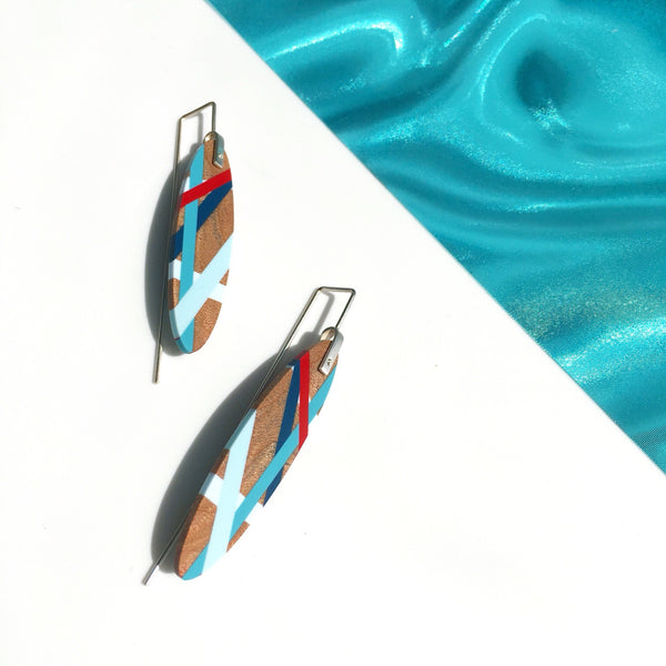 Blue Jewelry Wood Inlay Earrings by Laura Jaklitsch Jewelry