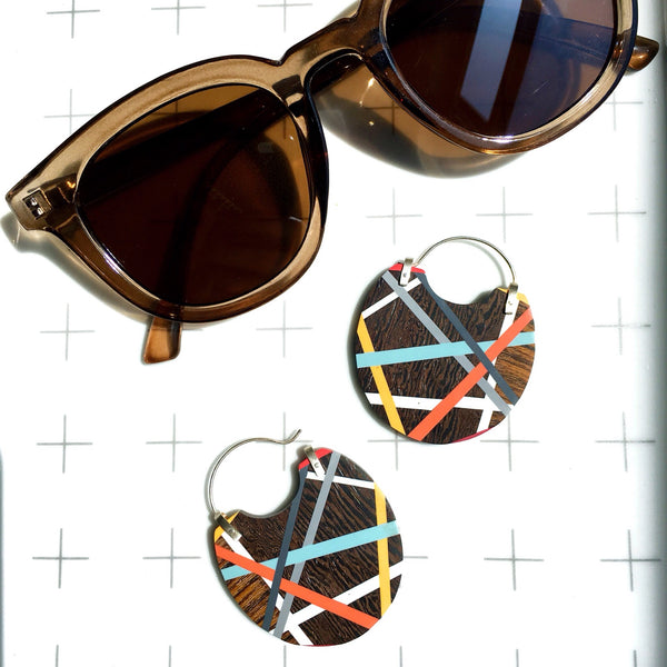 Beach Style Big Hoop Earrings, Colorful Wood Inlay Jewelry