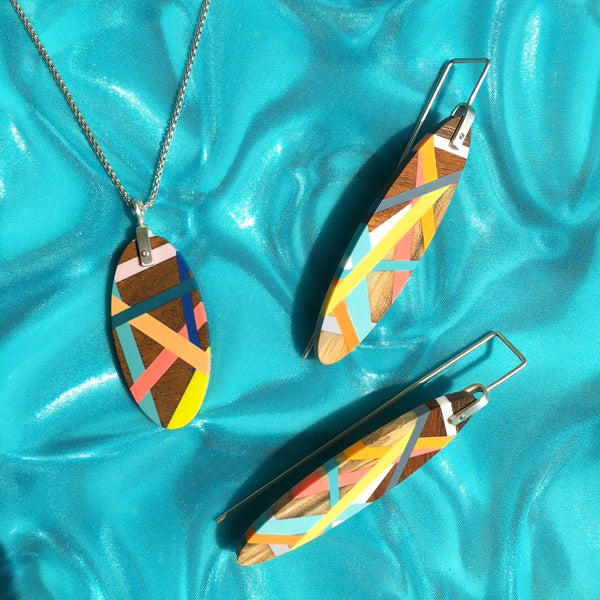 Tropical Jewelry Wood and Resin Earrings and Necklace 