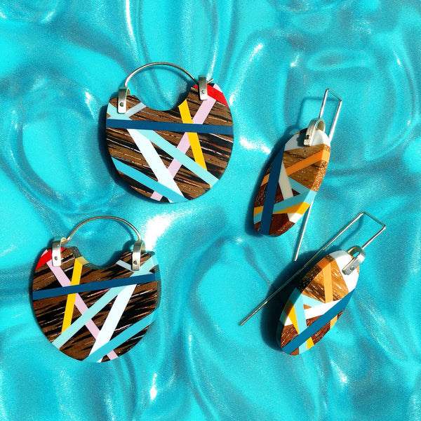 Wood Jewelry Oval Earrings and Hoop Earrings with Resin Inlay by Laura Jaklitsch Jewelry 