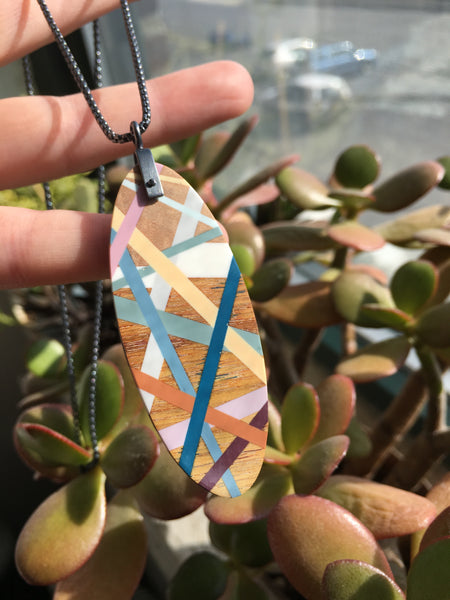Handmade Oval Necklace in Wood and Resin by Laura Jaklitsch Jewelry