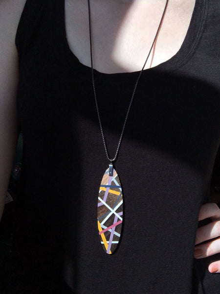 Wearing Wood Jewelry Long Statement Necklace with Oxidized Sterling Silver Chain