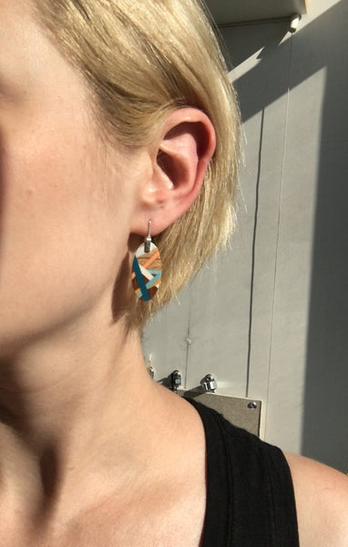 Coastline Wood Earrings with Polyurethane Resin Inlay in Blue and Orange with Zebrawood