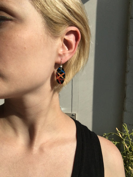 Wood Jewelry Black, Red, and Cobalt Earrings Handmade by Laura Jaklitsch Jewelry