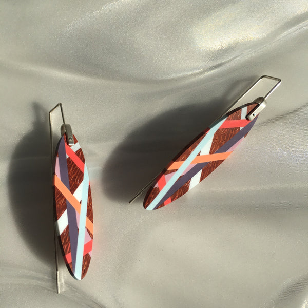 Wood and Polyurethane Resin Coral Purple Aqua Bird of Paradise Earrings