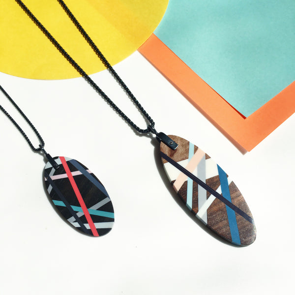 Wood Jewelry Necklaces, Oval Shape with Resin Inlay by Laura Jaklitsch Jewelry