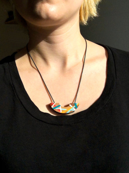 Blue Red and Yellow Crescent Wood Necklace