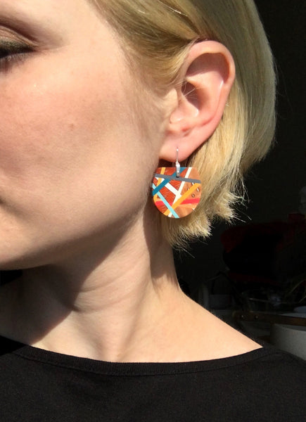 Red and Blue Wooden Fan Earrings