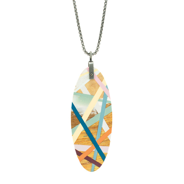 Canary Wood Oval Necklace with Polyurethane Resin Inlay Back View Sterling Silver Oxidized Chain