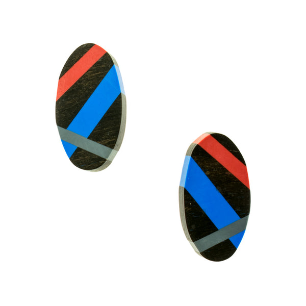 Classic Blue and Red Ebony Wood Stud Earrings