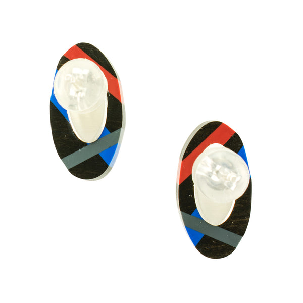Black Wood Oval Stud Earrings Back View