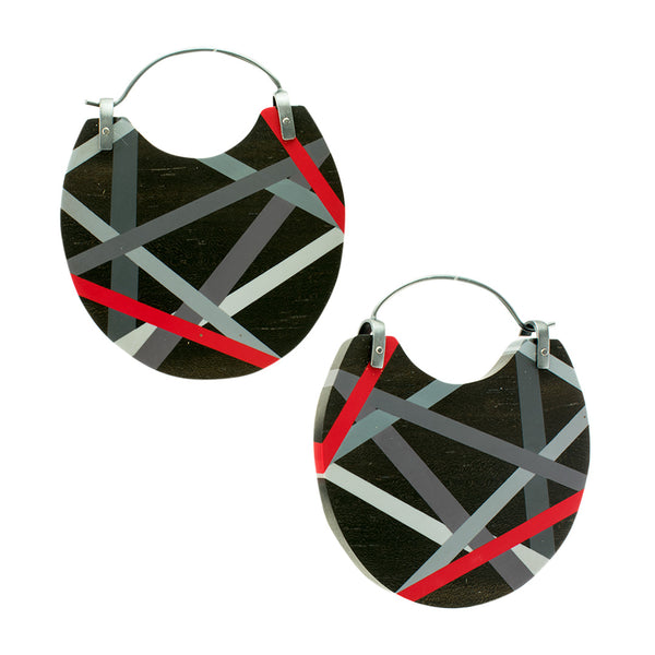 Big Earrings In Ebony Wood With Black Grey and Red with Oxidized Silver Ear Wires by Laura Jaklitsch Jewelry