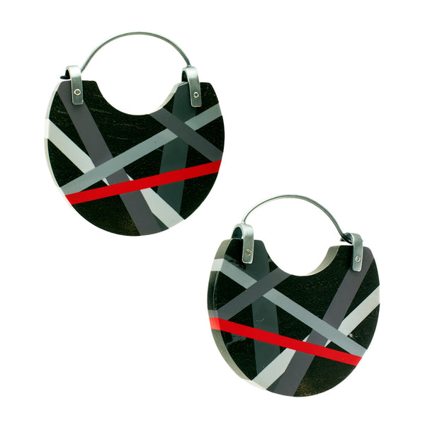 Wood Jewelry Ebony Hoop Earrings Oxidized Silver with Black Grey Red Inlay by Laura Jaklitsch Jewelry