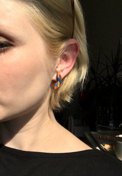 Blue and Orange Mini Crescent Wood Stud Earrings