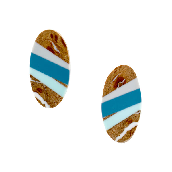 Laura Jaklitsch Jewelry Blue Maple Wood and Polyurethane Resin Sterling Silver Stud Earrings Beach Jewelry