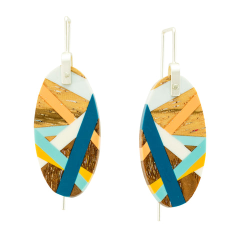 Wood Oval Earrings with Classic Blue, Orange, and Yellow Inlay by Laura Jaklitsch Jewelry