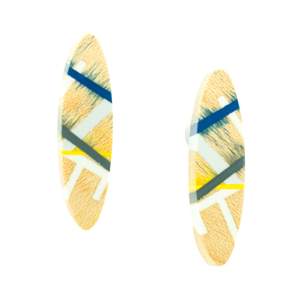Post Earrings with Maple Wood and Polyurethane Resin Inlay in Navy, Yellow, and Grey Laura Jaklitsch Jewelry