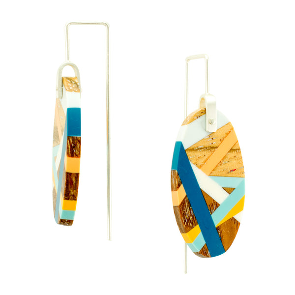 Laura Jaklitsch Jewelry Wood x Polyurethane Blue Orange Zebrawood Coastline Earrings Handmade One of a Kind Sterling Silver Sustainable Side View