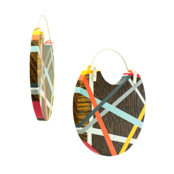 Wood x Polyurethane Yellow Orange Blue Hoops Side View Handmade Jewelry