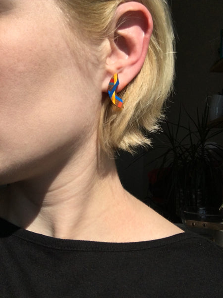 Blue and Orange Mini Crescent Wood Stud Earrings