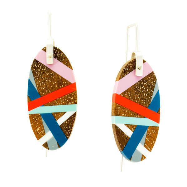 Classic Blue Oval Wood and Plastic Lightweight Earrings with Sterling Silver Ear Wires